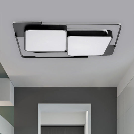 Modern Metal Led Flush Ceiling Light For Living Room - Rectangular White/Black Fixture With Warm