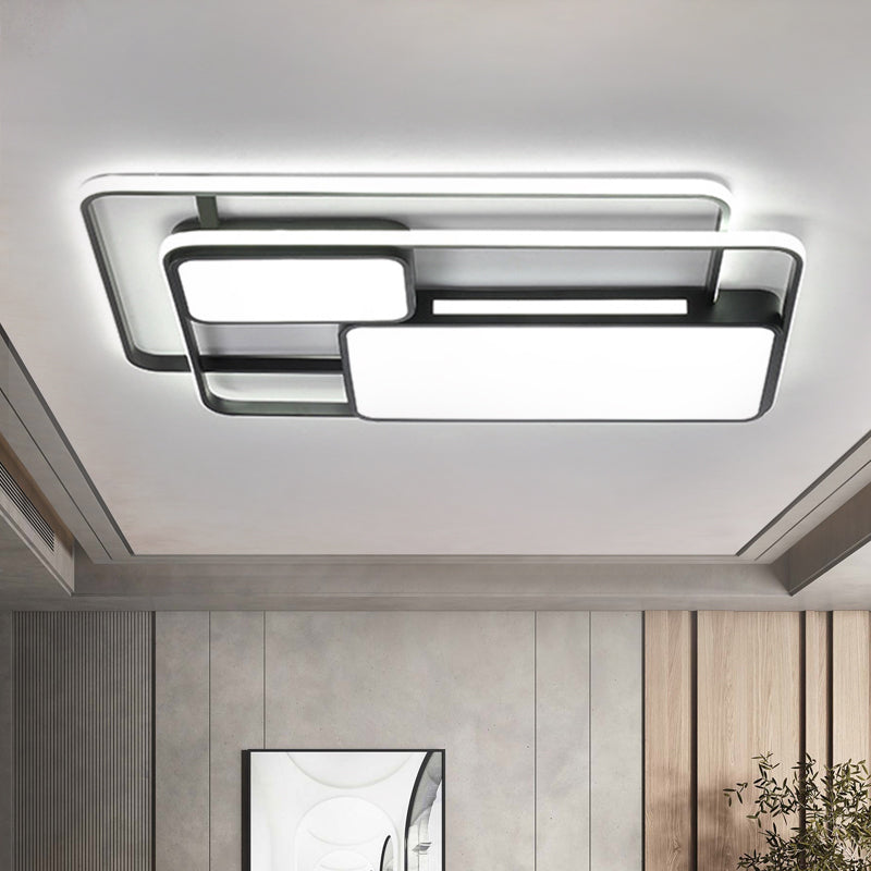 Rectangular Led Flush Ceiling Light In White/Black With Modernist Metallic Finish - White/Warm