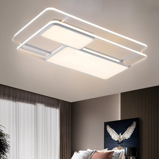 Rectangular Led Flush Ceiling Light In White/Black With Modernist Metallic Finish - White/Warm