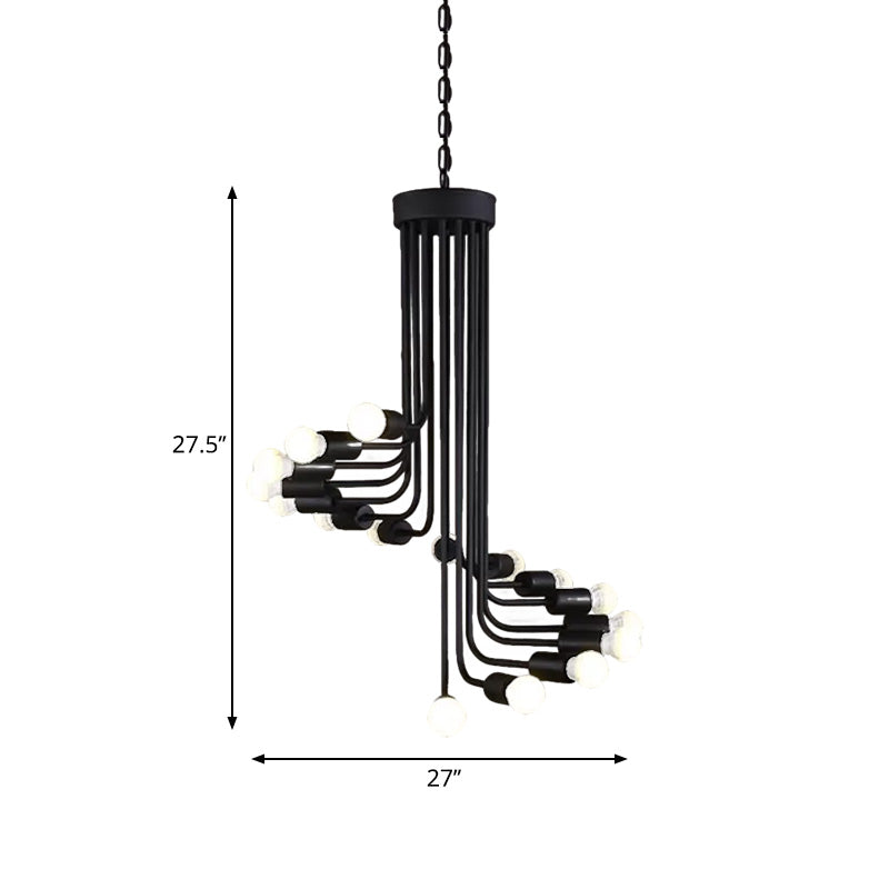Industrial Angled Arm Ceiling Chandelier With Spiral Iron Design - Black Finish 16/26 Bulbs Perfect