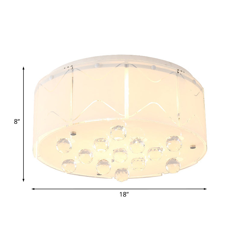 Modern White Frosted Glass Ceiling Light With Crystal Orb Drop - 6 Bulbs Drum Flush Mount