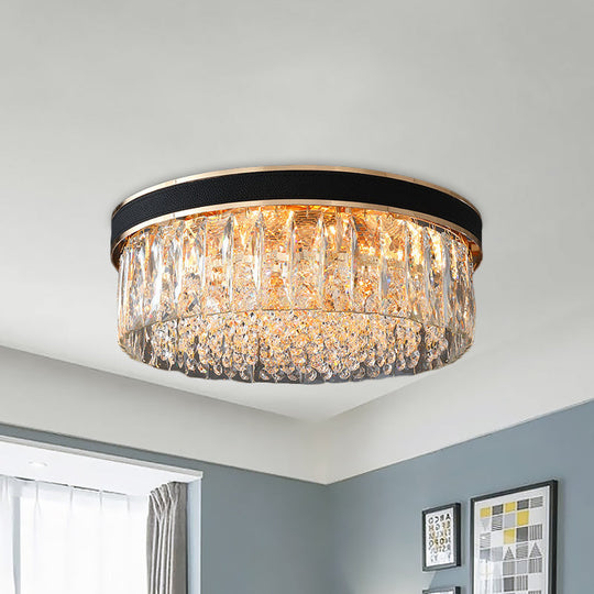 Modern Black Crystal 5-Light Drum Flush Mount For Bedroom Ceiling