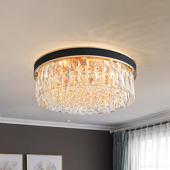 Modern Black Crystal 5-Light Drum Flush Mount For Bedroom Ceiling