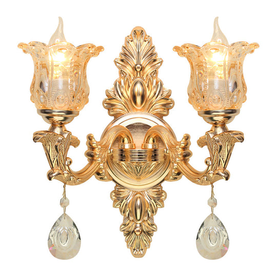 Antique Gold Bellflower Amber Glass Wall Lamp Kit With 2 Lights For Living Room Sconce