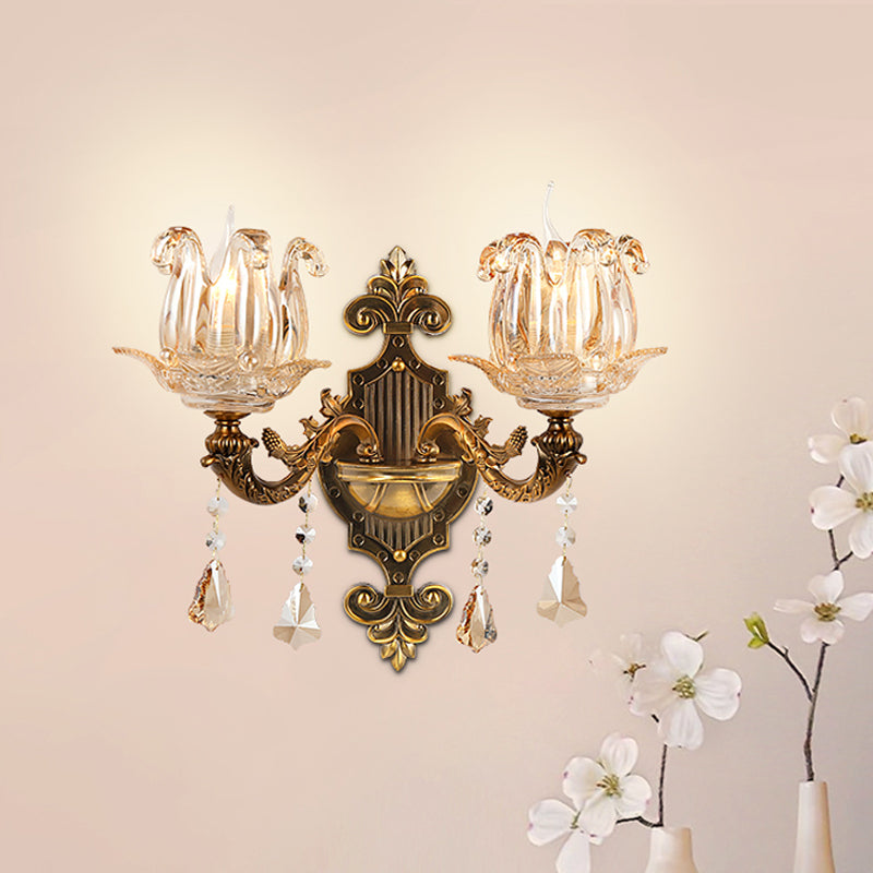 Traditional Brass Crystal Flower Wall Sconce For Hallway Half-Light And Antiqued Finish