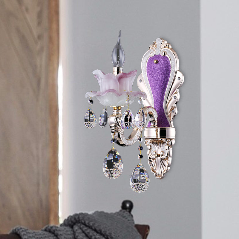 Modern Frosted Glass Purple Wall Sconce Light With Teardrop Crystal Drops - Ruffle Design