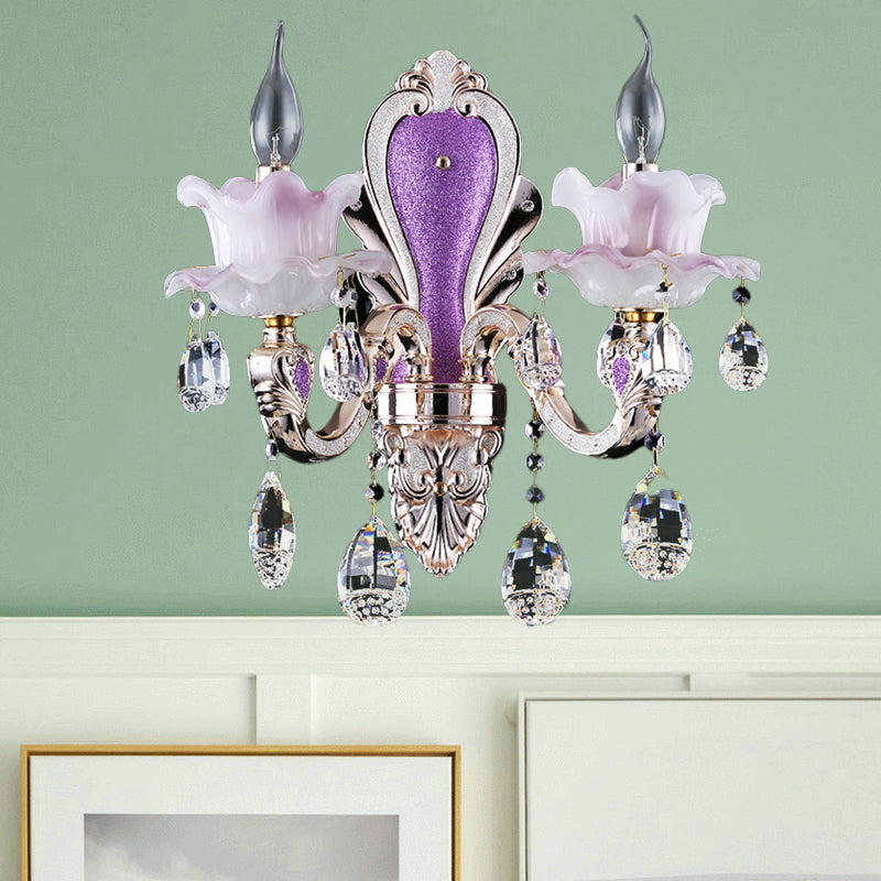 Modern Frosted Glass Purple Wall Sconce Light With Teardrop Crystal Drops - Ruffle Design