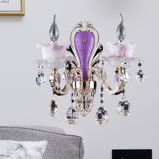Modern Frosted Glass Purple Wall Sconce Light With Teardrop Crystal Drops - Ruffle Design