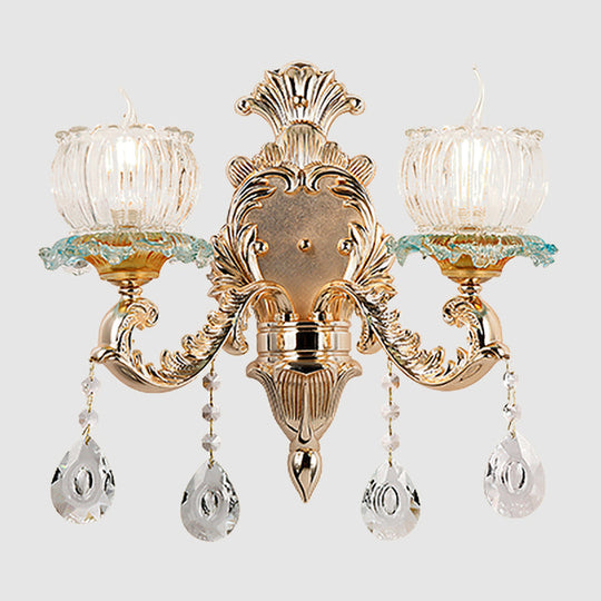 Traditional 2-Light Crystal Wall Mount Lamp In Gold - Elegant Restaurant Lighting