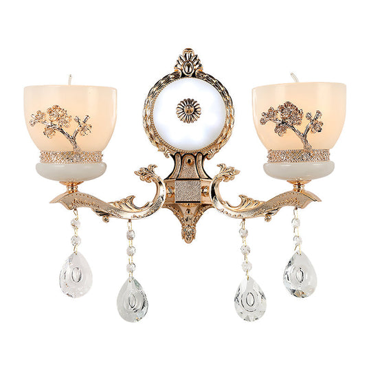 Rustic Gold Wall Sconce With Flower-Embossed Bowl And Frosted Glass - Crystal Accent