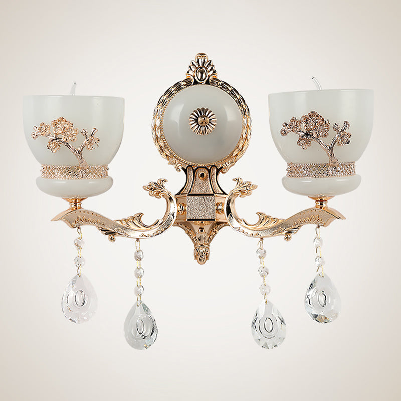 Rustic Gold Wall Sconce With Flower-Embossed Bowl And Frosted Glass - Crystal Accent