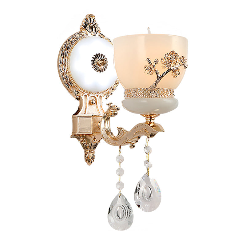 Rustic Gold Wall Sconce With Flower-Embossed Bowl And Frosted Glass - Crystal Accent