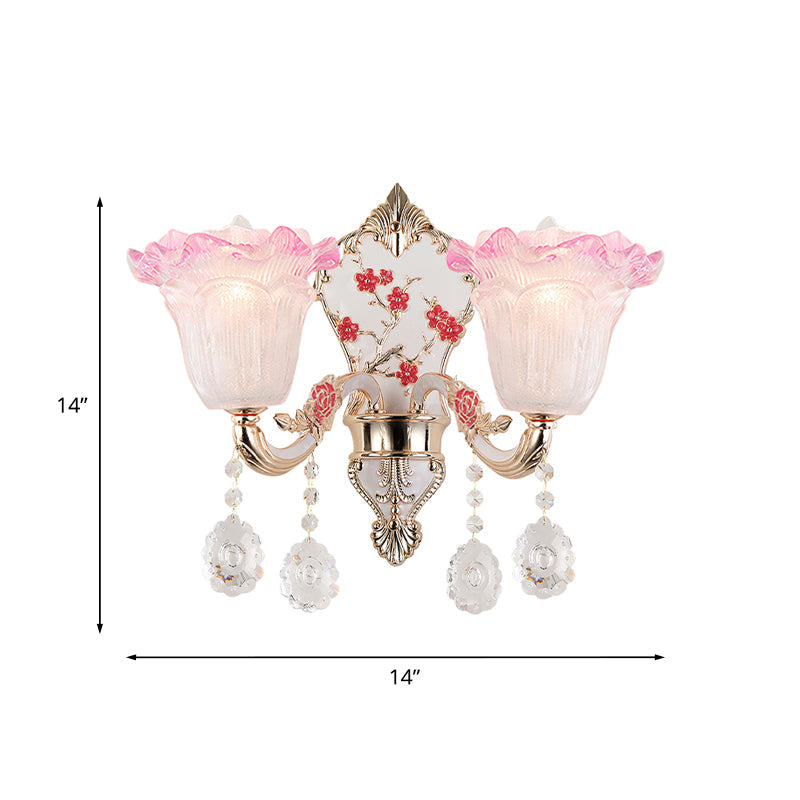 Ruffle Glass Sconce Lamp With Crystal Accents - Modern Pink-White Wall Light Fixture (2 Pack)