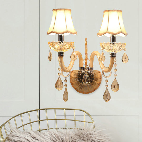 Traditional Amber Glass Candle Wall Sconce With Scalloped Fabric Shade - Bedroom Lighting
