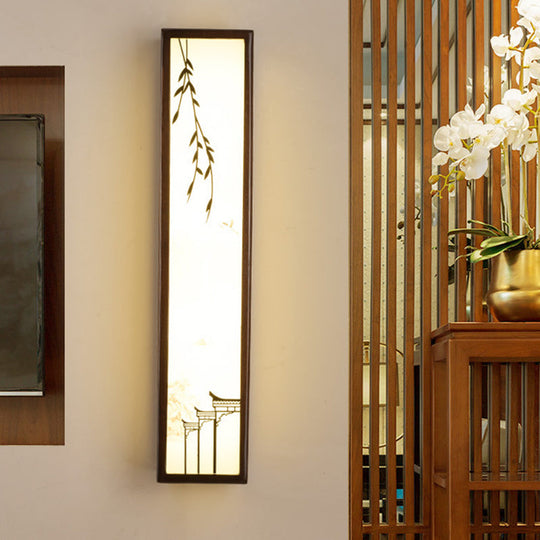 Chinese Style Led Wall Mural Lamp - Acrylic Brown Rectangle Mounted Light With Lotus/Leaf Pattern /