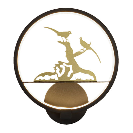 Chinese Style Led Wall Lamp With Bird Pattern And Metallic Finish For Bedroom