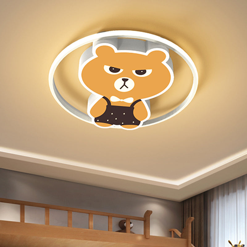Modern Cartoon Led Bear Flush Light Fixture: Metallic Yellow Lamp With White/Warm - Mounted / White