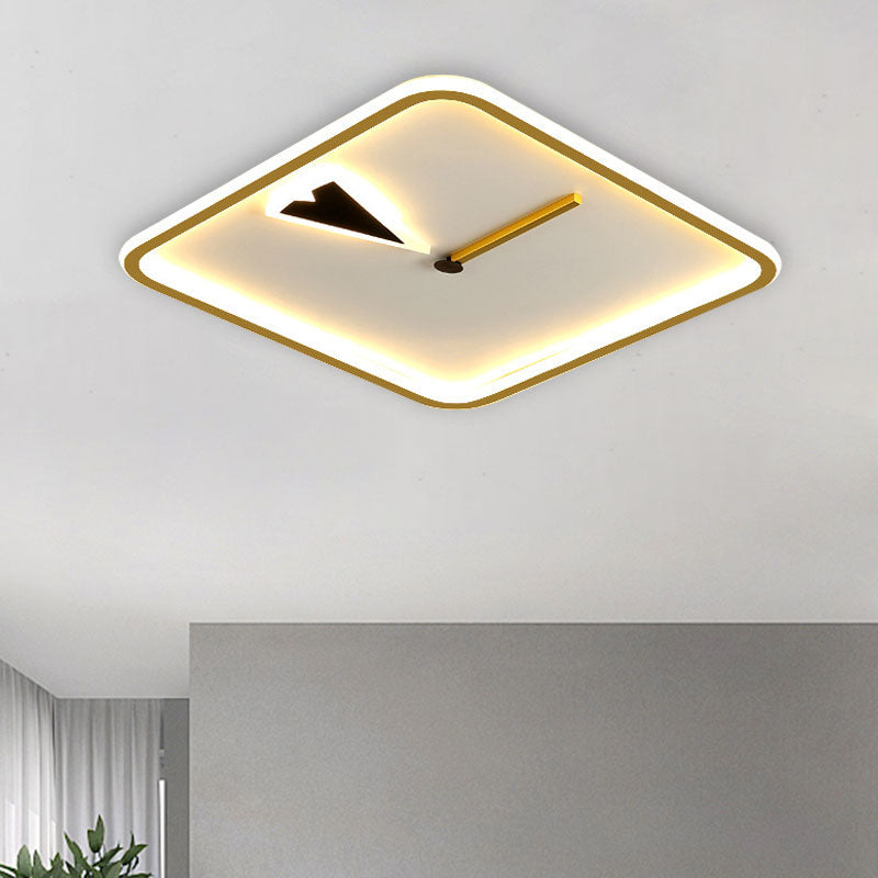 Modern Acrylic Led Bedroom Flushmount With Clock Design - Round/Square Black/Gold