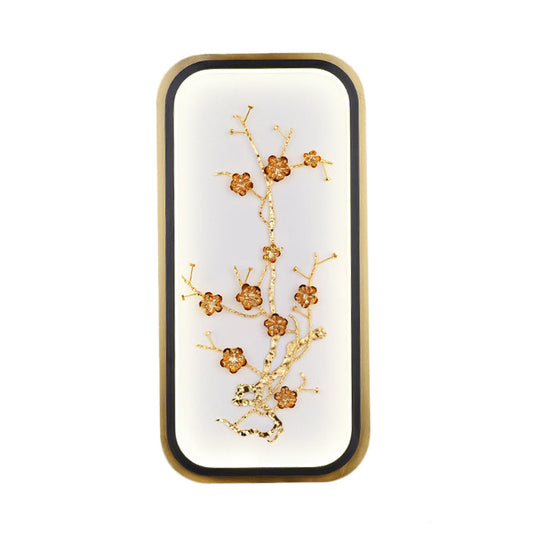 Metallic Gold Led Wall Mounted Light Fixture - Oriental Style Plum Blossom Mural Design