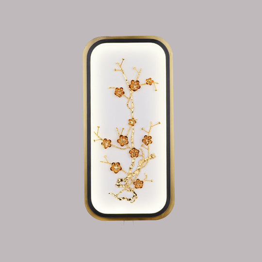 Metallic Gold Led Wall Mounted Light Fixture - Oriental Style Plum Blossom Mural Design