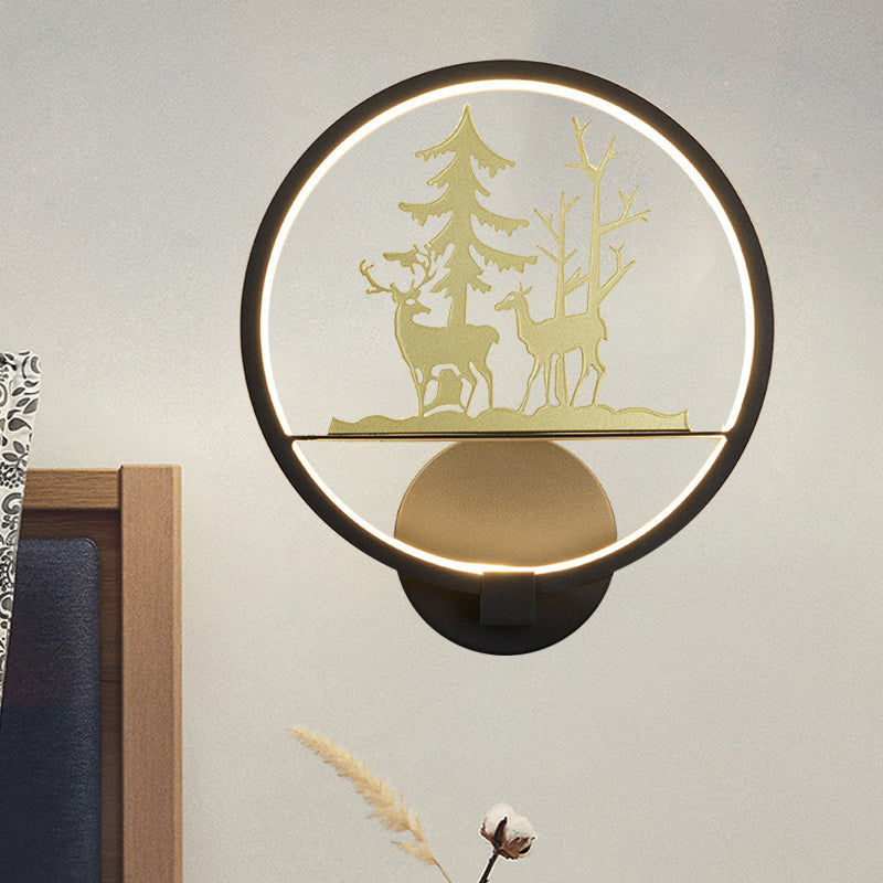 Led Elk Patterned Wall Mural Light: Minimalist Black Lighting Idea With Metallic Shade / B