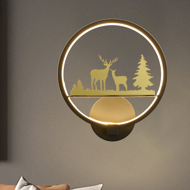 Led Elk Patterned Wall Mural Light: Minimalist Black Lighting Idea With Metallic Shade / A