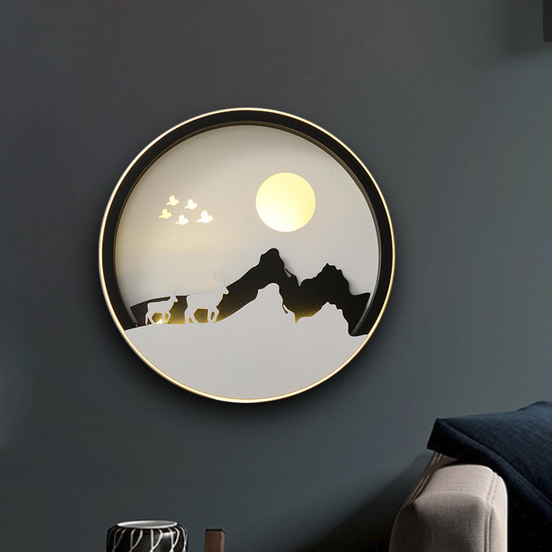 Modern Black Acrylic Led Wall Mount Lamp With Mountain And Sun Pattern For Living Room