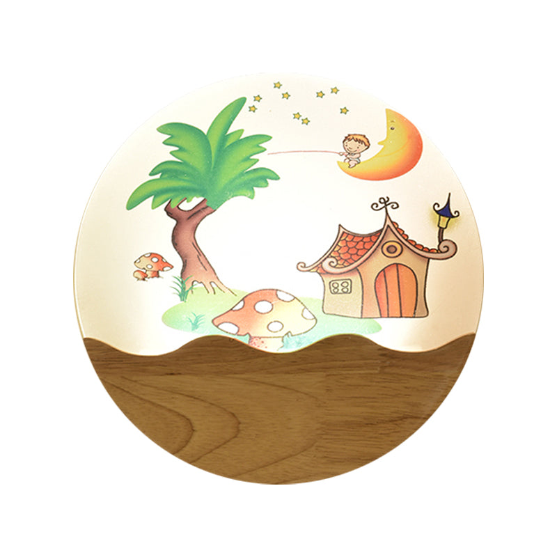 Rounded Wood House And Tree Wall Light With Led Acrylic Mural For Corridor
