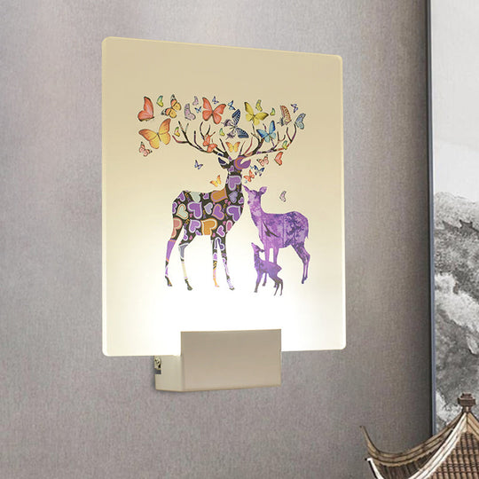 Square Led Wall Mount Light In Simple Style - Purple/Pink/Yellow With Deer/Blossom/Tree Pattern For