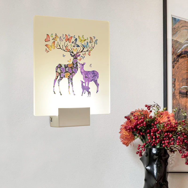 Square Led Wall Mount Light In Simple Style - Purple/Pink/Yellow With Deer/Blossom/Tree Pattern For