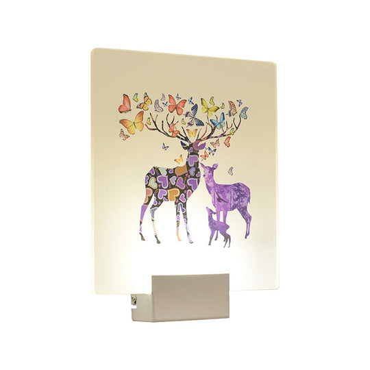 Square Led Wall Mount Light In Simple Style - Purple/Pink/Yellow With Deer/Blossom/Tree Pattern For