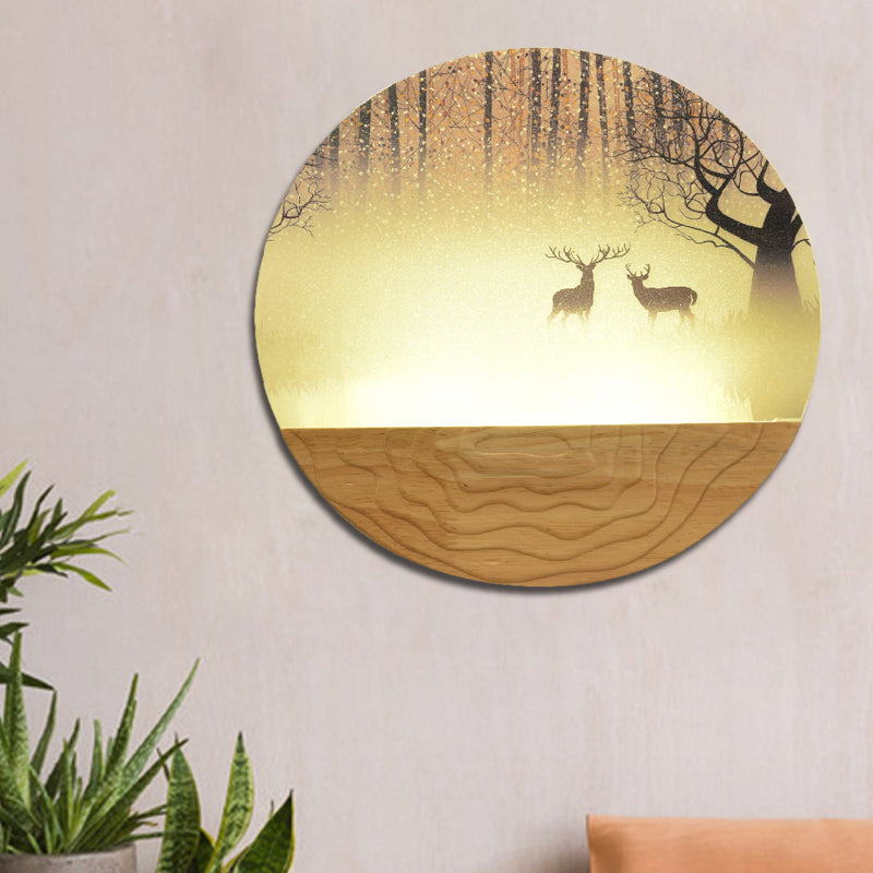 Minimalist Wood-Mounted Led Wall Mural Lamp With Acrylic Circular Shape Tree/Elk Pattern