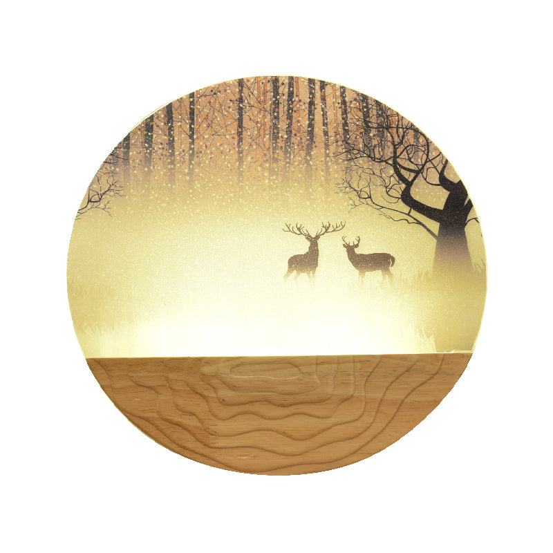 Minimalist Wood-Mounted Led Wall Mural Lamp With Acrylic Circular Shape Tree/Elk Pattern