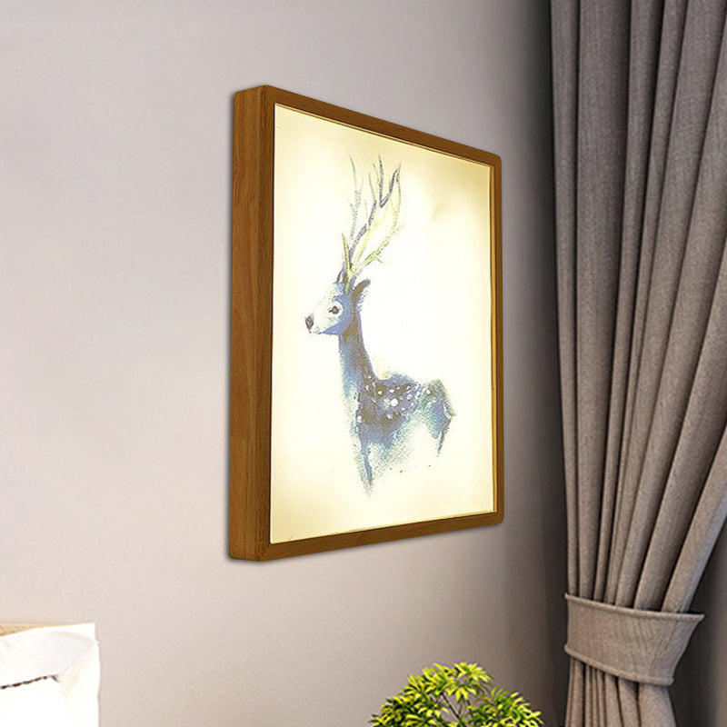 Minimalist Led Wood Wall Mounted Mural Lamp With Deer Pattern - 12/16 Metallic Square Width / 12