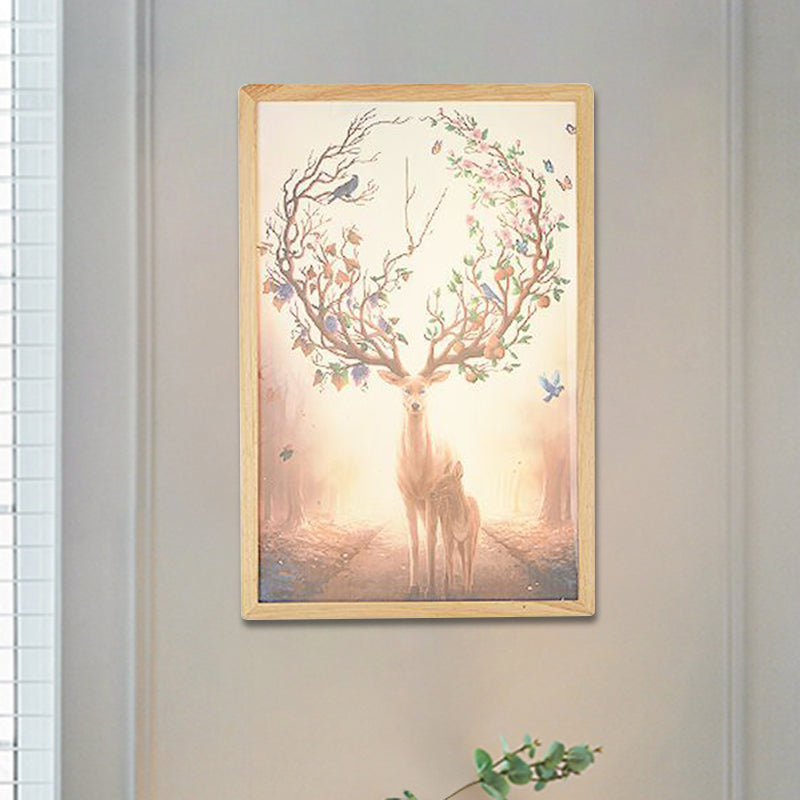 Minimalist Led Wood Wall Mounted Mural Lamp With Deer Pattern - 12/16 Metallic Square Width
