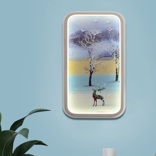 Contemporary Led Metal Wall Lamp: Yellow & Blue Rectangle With Elk Tree Pattern