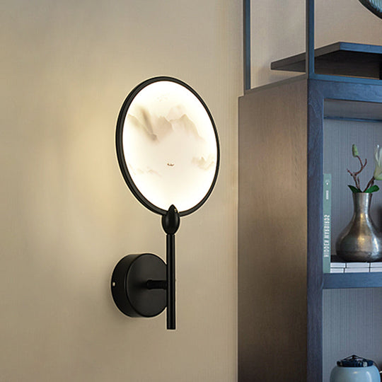 Chinese Style Circular Mountain Led Bedroom Sconce Light In Black