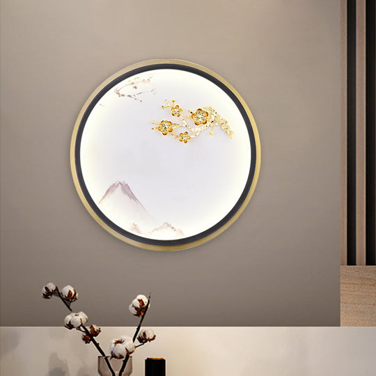 Gold Oriental Led Mural Lamp: Metallic Rounded Plum Blossom Wall Lighting For Hallway