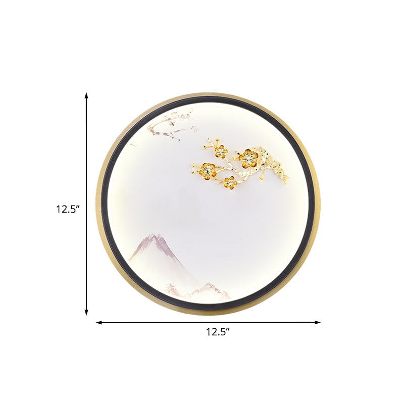 Gold Oriental Led Mural Lamp: Metallic Rounded Plum Blossom Wall Lighting For Hallway