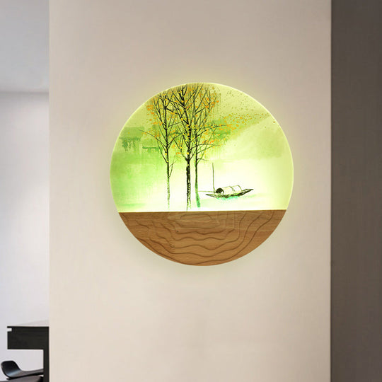 Round Metal Wall Mural Light 9.5/11 Wide Asia Style Led Wood Mounted Lighting With Boat And Tree