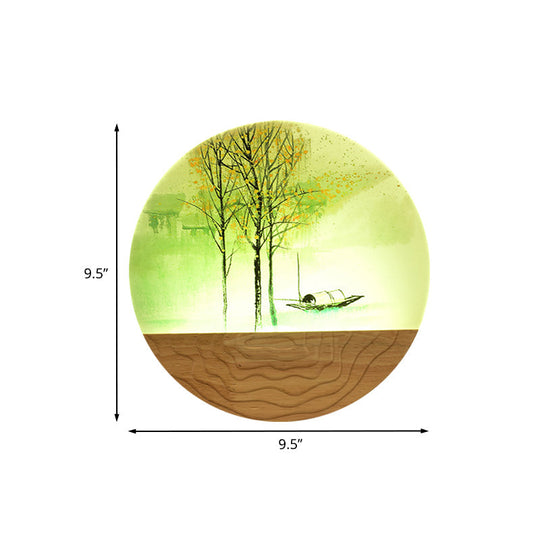 Round Metal Wall Mural Light 9.5/11 Wide Asia Style Led Wood Mounted Lighting With Boat And Tree