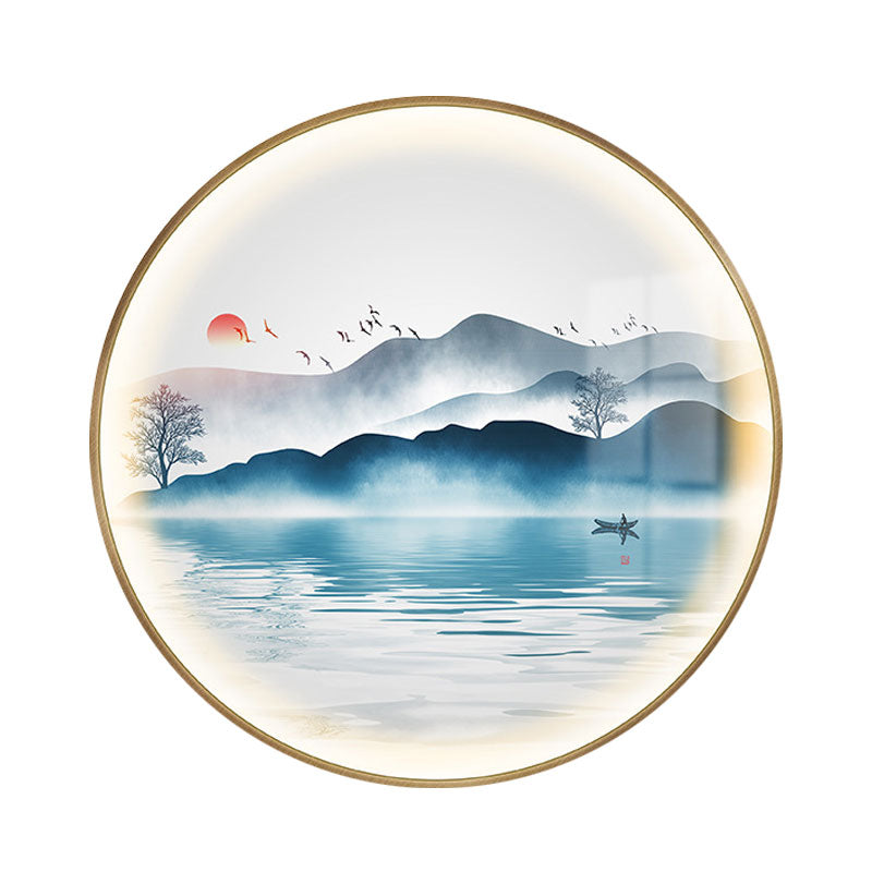 Gold Circular Mountain And Lake Mural Led Wall Light: Stunning Chinese Metallic Lighting Idea
