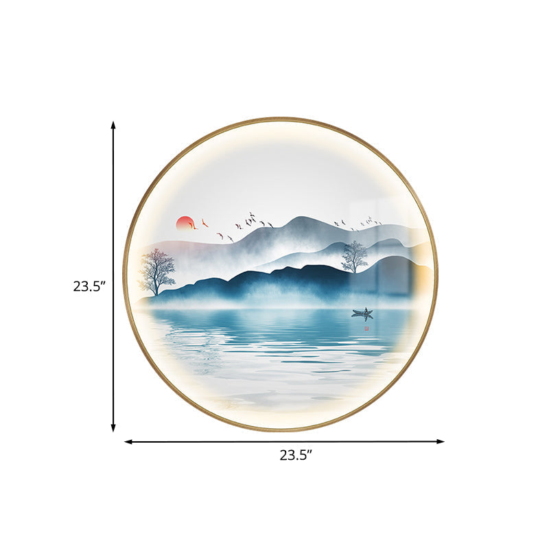 Gold Circular Mountain And Lake Mural Led Wall Light: Stunning Chinese Metallic Lighting Idea