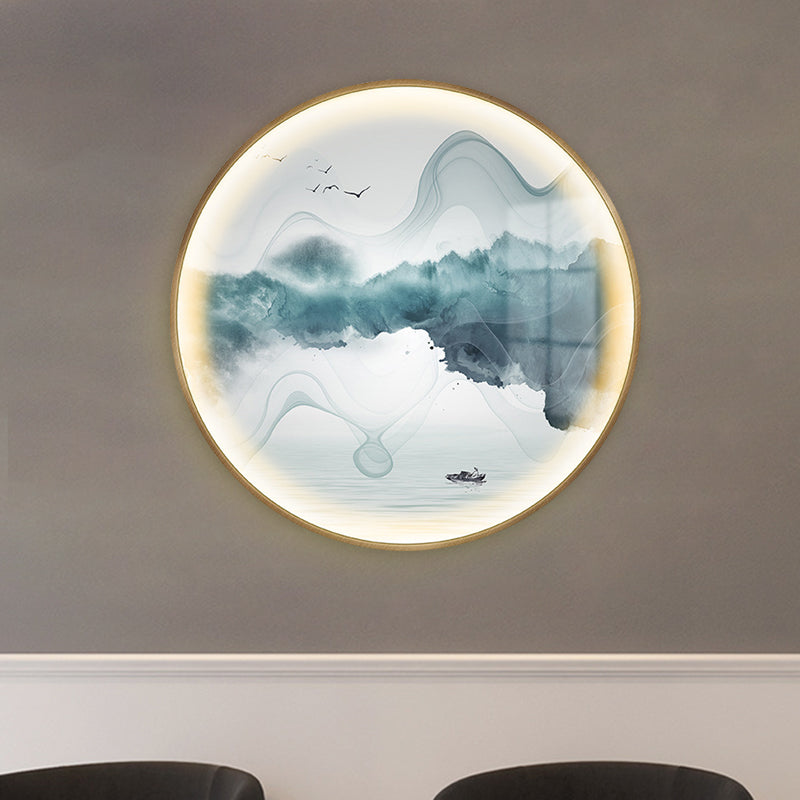 Gold Circular Mountain And Lake Mural Led Wall Light: Stunning Chinese Metallic Lighting Idea / B