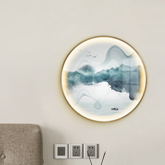 Gold Circular Mountain And Lake Mural Led Wall Light: Stunning Chinese Metallic Lighting Idea