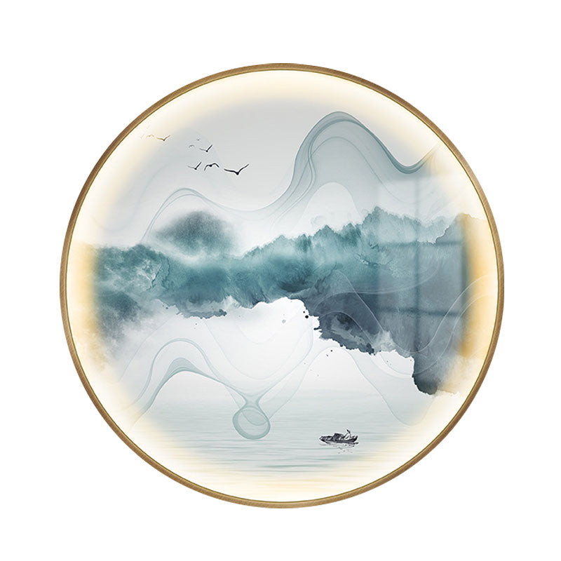 Gold Circular Mountain And Lake Mural Led Wall Light: Stunning Chinese Metallic Lighting Idea