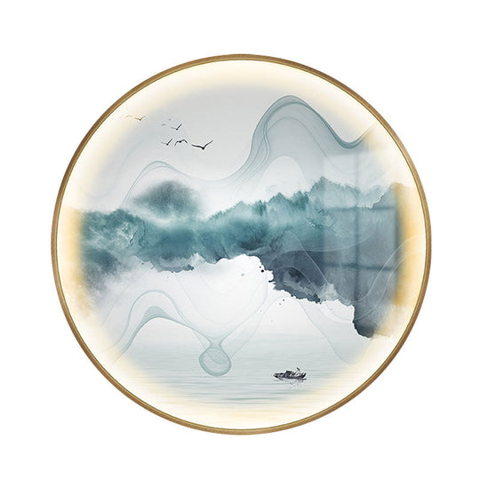 Gold Circular Mountain And Lake Mural Led Wall Light: Stunning Chinese Metallic Lighting Idea