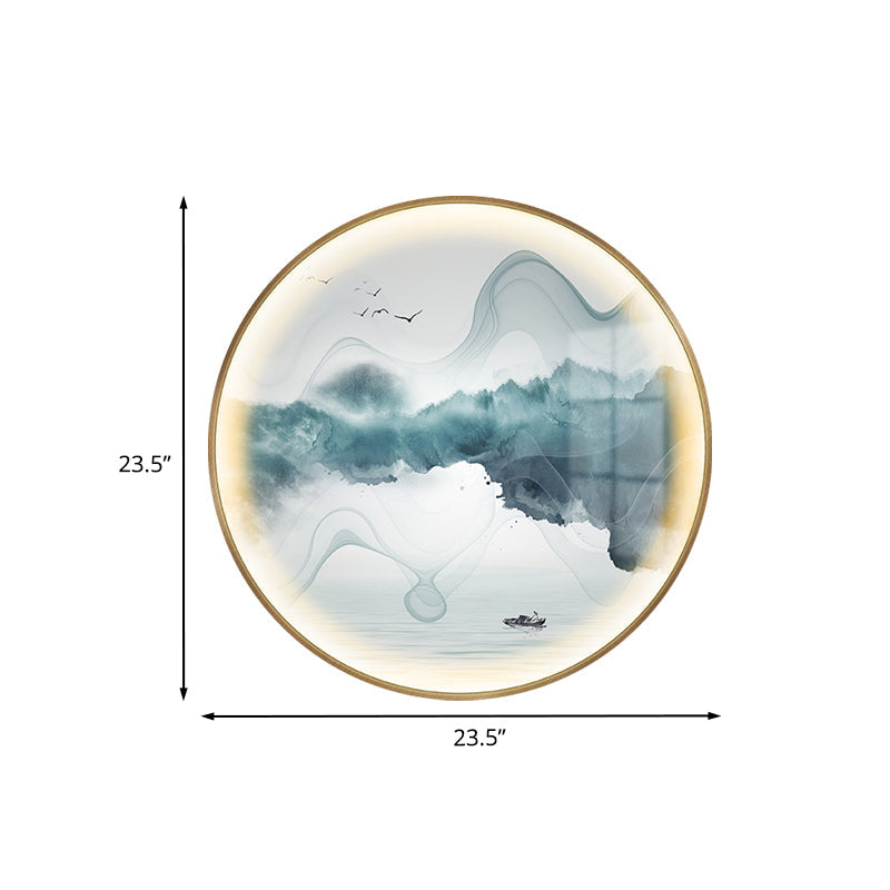 Gold Circular Mountain And Lake Mural Led Wall Light: Stunning Chinese Metallic Lighting Idea