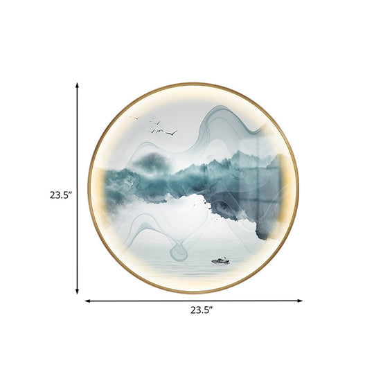 Gold Circular Mountain And Lake Mural Led Wall Light: Stunning Chinese Metallic Lighting Idea