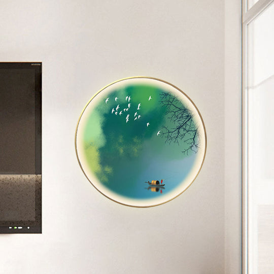 Led Green Oriental Mural Wall Lamp With Circular Metallic Panel And Branch-Boat Pattern